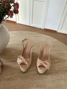 Donne sandali con zeppa plateau corda di juta punta aperta fiocco scarpe beige