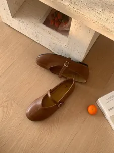 Detailansicht eleganter brauner Mary Jane Flachschuhe mit Schnallenriemen für Damen.