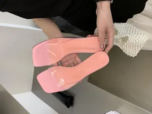 Pink clear strap high heel slide sandals for women, summer stylish open toe mules shoes.