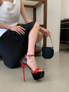 Detail shot of stylish color-blocking patent leather platform stiletto high heels.