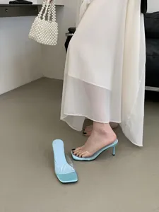 Light blue square toe high heel mules with clear strap, elegant summer women dress shoes.