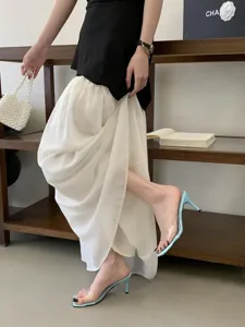 Transparent high heel mules for women, chic summer sandals with clear PVC strap and blue heel.