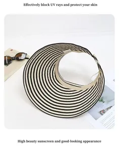 Black and white striped empty top sun hat, wide brim uv protection summer beach visor.