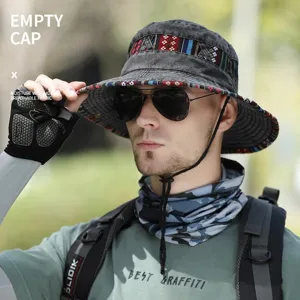 Cappello da sole uomo outdoor secchiello denim vintage moda pesca con fascia etnica