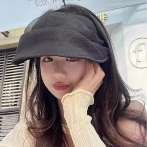 Chic organza sun visor hat for women, breathable empty top design for summer beach and travel.