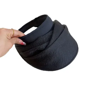 Black organza sun visor hat for women, lightweight mesh empty top beach vacation headwear.