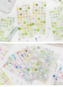 Close-up details of Korean ins-style pastel decorative sticker books for DIY journaling.