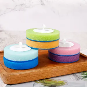 Disposable toilet brush replacement sponge heads, multi-color cleaning pads for bathroom use.