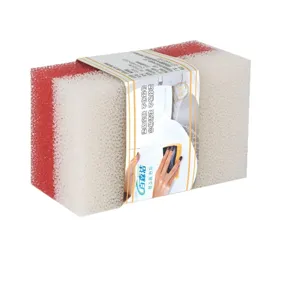 Double layer kitchen cleaning sponge with paper band packaging, durable and absorbent for dishes.