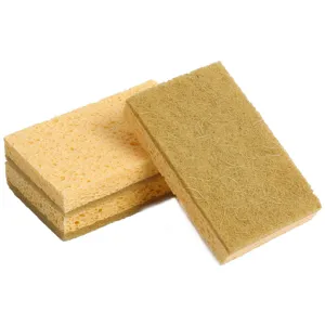 Dual-sided cleaning sponge with sisal and wood pulp for kitchen dishwashing and scrubbing tasks.
