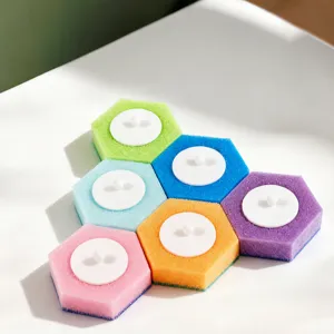 Replacement sponge heads for disposable toilet cleaning brushes, hexagonal multi-color design.