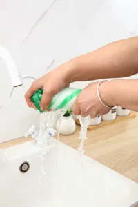 Nahaufnahme des grün gestreiften Bambusfaser-Reinigungstuchs beim Auswringen im Küchenwaschbecken.