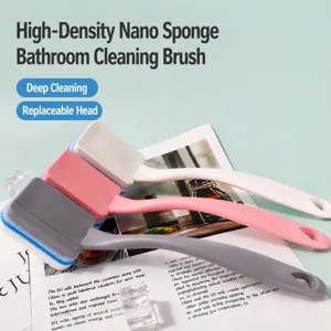 Multifunctional Cleaning Brush With Replaceable Nano Sponge Head Long Handle Bathroom Tile Tub Glass Cleaning Tool