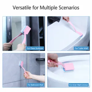 Long handle cleaning brush with nano sponge for bathroom tile glass and toilet cleaning.
