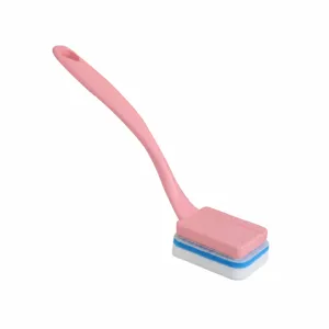 Long handle bathroom cleaning brush with sponge head for tiles, tubs, and glass surfaces.