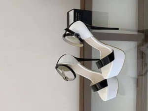 Black and white patent leather platform high heels with ankle strap sexy pole dancing shoes