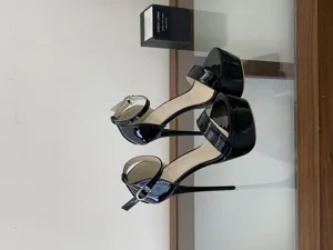 Black patent leather platform high heels stiletto ankle strap pole dance party shoes