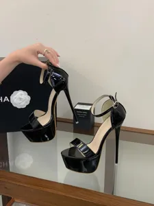 Black patent leather platform stiletto high heels with ankle strap sexy party shoes