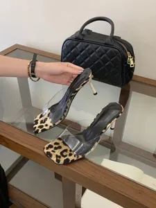 Leopard print clear high heel mules for women, chic square toe slip-on sandals for summer outfits.