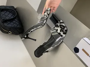 Detail view of clear PVC strap high heel mules with black and white animal print and stiletto.