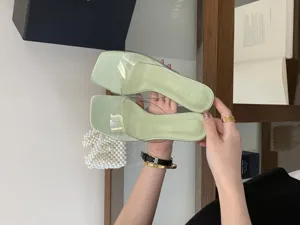 Transparent PVC Strap Light Green Flat Slippers Summer Beach Casual Open Toe Slide Shoes