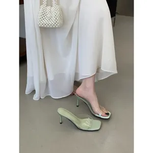 Chic transparent stiletto high heel mules for women, trendy summer open toe slip on shoes.
