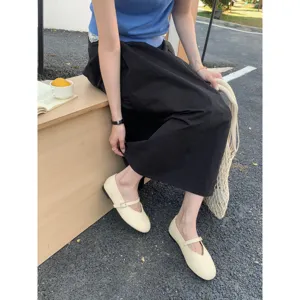 Koreanische Vintage Mary Jane Schuhe fuer Damen, flache flache Riemenschuhe mit runder Kappe.