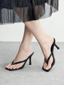 Women black thong high heel sandals detail view, elegant square toe stiletto mules shoes.