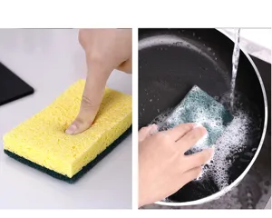 Kitchen sponge scouring pad detail view showing flexible texture and cleaning pans.