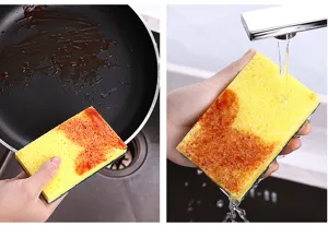 Wood pulp sponge scouring pad for kitchen dishwashing, highly absorbent and grease cleaning.