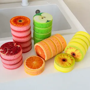 Round wood pulp sponge for kitchen dish washing, colorful fruit and flower printed cleaning sponge block