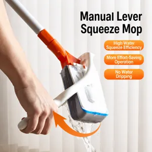 Hand-operated squeeze sponge mop for home floor cleaning with dual roller design.
