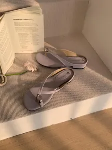 Korean minimal round toe thong sandals women casual flat beach vacation shoes comfortable slip-on