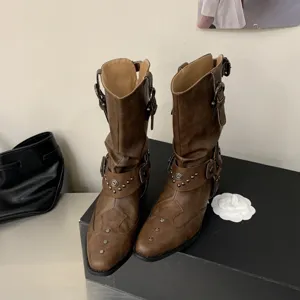 Bottines de cowboy de style western rétro à talon épais et bout pointu pour femmes mode