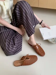 Zapatos mules tejidos de punta cuadrada con cordones para mujer, zapatillas casuales.