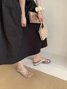 Women silver thong sandals minimalist flat shoes casual summer beach vacation footwear style