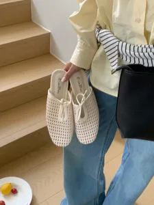 Mules de malla tejida con punta cuadrada para mujer zapatos casuales transpirables zapatillas