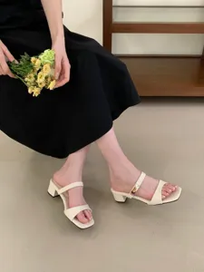 Mules à talon bloc et bout carré style rétro français pour femmes chaussures de mode d'été