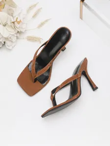 Women square toe thong high heel sandals brown elegant party dress shoes stylish footwear