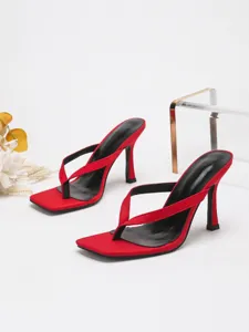 Elegant red square toe high heel thong sandals for women party wedding sexy shoes