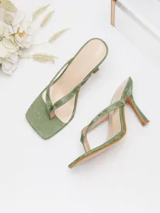 Green thong high heel sandals for women, elegant square toe party dress sandals.