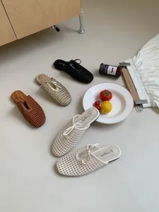 Mules de malla tejida con punta cuadrada francesa, zapatos planos elegantes y transpirables para mujer.