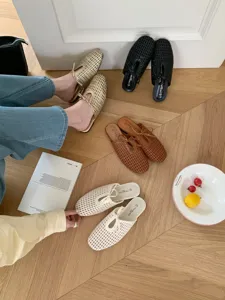 Zapatos mules tejidos de punta cuadrada francesa zapatillas planas casuales de mujer