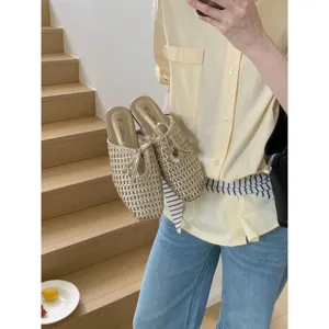 Mules planas cuadradas de malla tejida dorada zapatos casuales de mujer muy elegantes