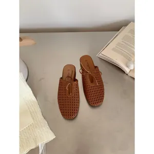 Mules de mujer con punta cuadrada tejida de malla hueca cerrada con cordones zapatos marrones