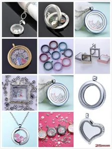 Vue détaillée de pendentifs médaillons flottants en verre montrant différentes formes et éléments.