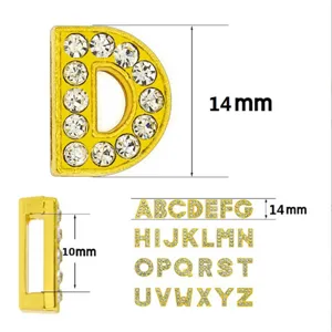 Pendentif lettre coulissante strass doré 14mm breloque alphabet DIY pour bijoux personnalisés.