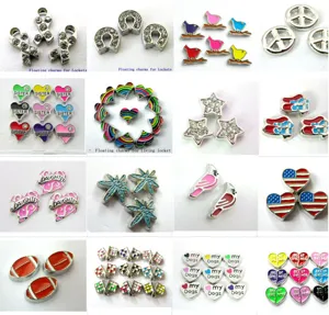 Détails en gros plan de divers charms flotteurs en alliage, strass et émail pour médaillon DIY.