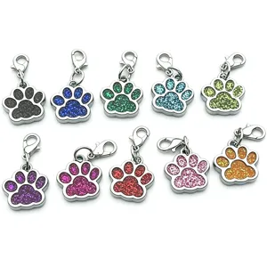 Metal Dog Paw Pet ID Tag Glitter Enamel Keychain Cute Cat Claw Pendant With Lobster Clasp Multi-Color Pet Accessories
