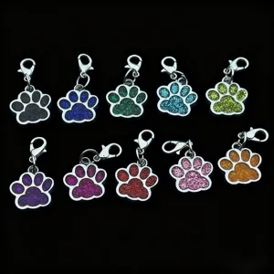 Colorful glitter paw print pet pendant metal keychain with lobster clasp, 10 vibrant colors.